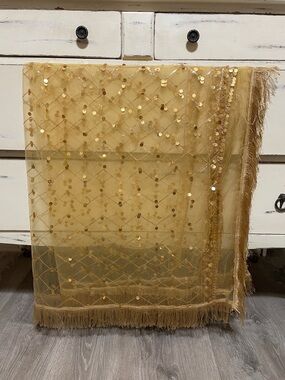 Gold Sheer Sequin Fringe Scarf Wrap